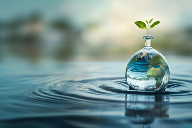 Glass flask of planet earth with a sprout on a background of nature
