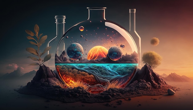 A glass flask with a planet and a planet inside it.