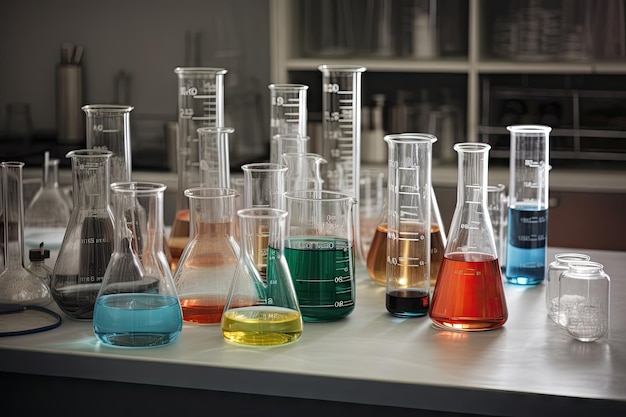 Boccette di vetro becher e provette disposte ordinatamente sul tavolo da laboratorio creato con ai generativo