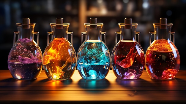 Glass flasks with colorful liquid Generative Ai