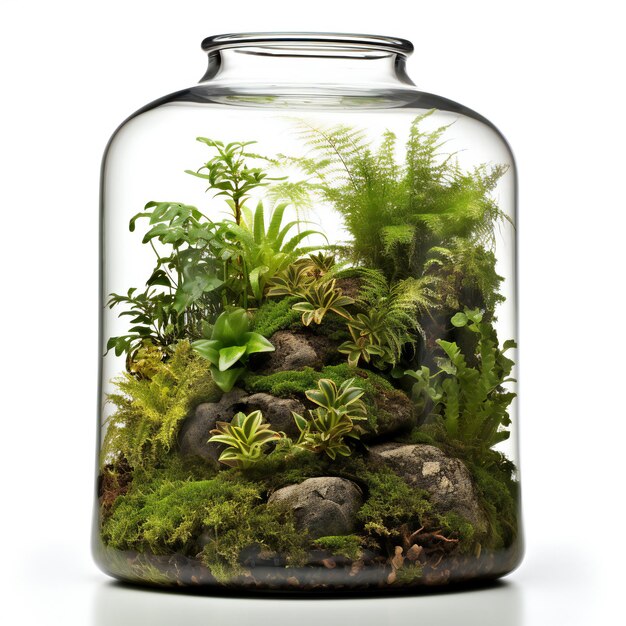 Glass florarium in a glass jar on a white background