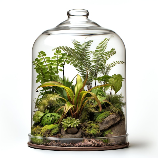 Glass florarium with a variety of plants and ferns