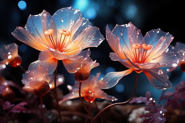 Photo glass flowers fantasy translucent pink blooms on indigo