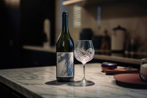 A glass fo wine sanding near wine bottle in modern kitchen generative ai