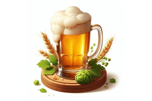 glass of foamy beer on a wooden stand isolated on solid white background ai generative