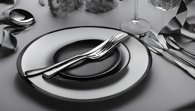 Photo a glass and fork are on a plate with a spoon and a knife