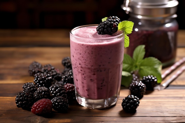 A glass of fresh blackberry smoothie on a wooden table