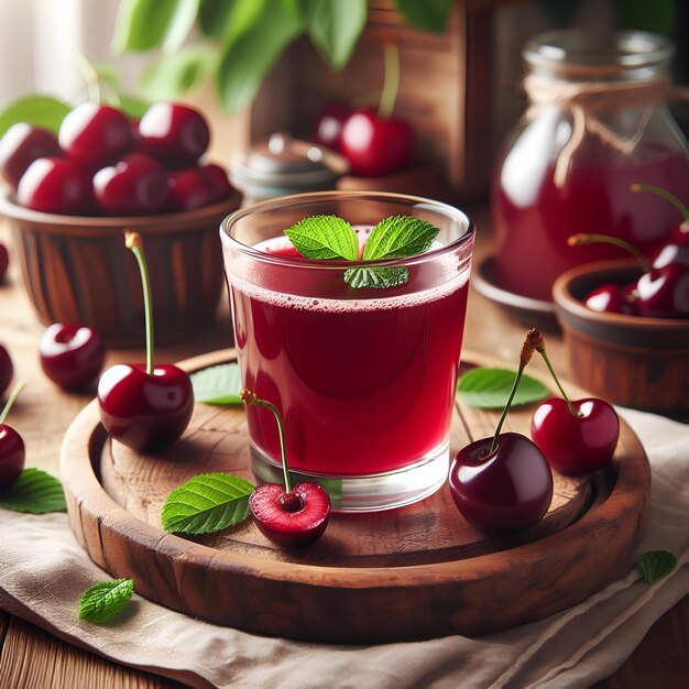 Glass of fresh cherry juice on wooden table