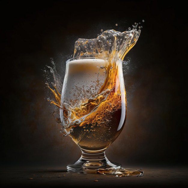 Glass of fresh and cold beer on dark background generative ai