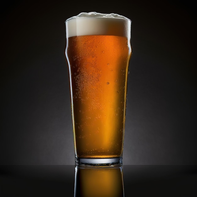 Glass of fresh and cold beer on dark background generative ai