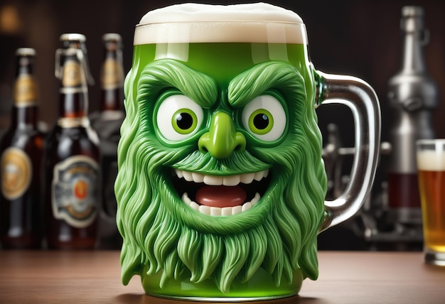 Glass of fresh cold green beer on a wooden bar counter in pub Generative AI