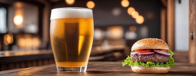 バーと暗いパブでグルメハンバーガーと一緒に新鮮な冷たい軽いビールを飲む