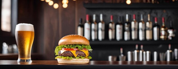 バーと暗いパブでグルメハンバーガーと一緒に新鮮な冷たい軽いビールを飲む