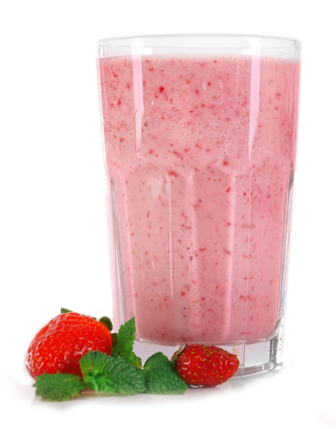 A glass of fresh cold strawberry smoothie isolated on white
