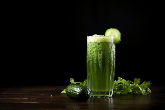 Glass of fresh cucumber juice on dark background