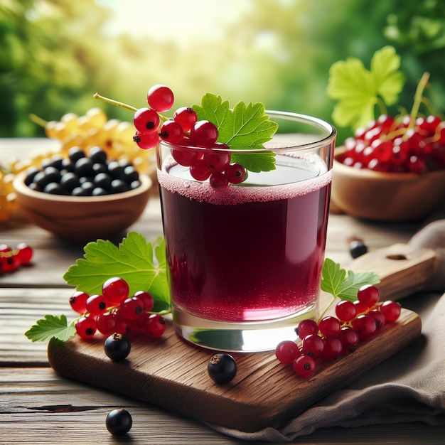 Glass of fresh currant juice on wooden table