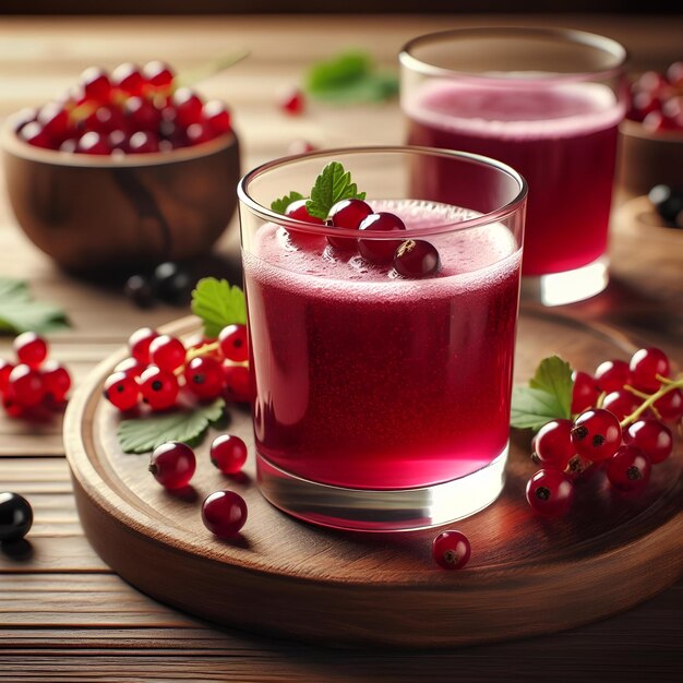 Glass of fresh currant juice on wooden table