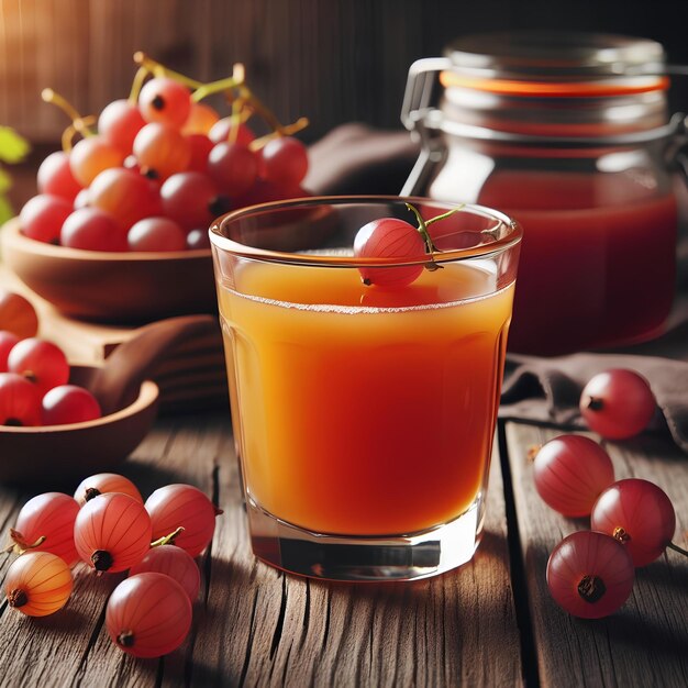 Glass of fresh gooseberry juice on wooden table