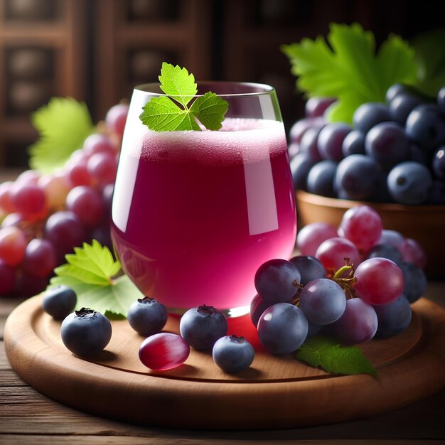 Glass of fresh grape juice on wooden table