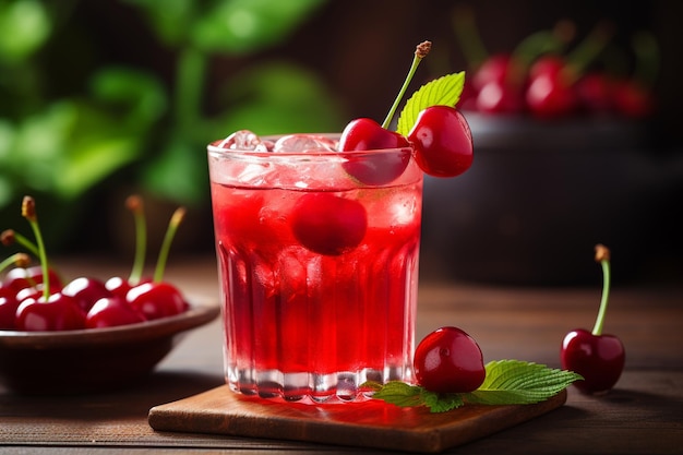 Склянка свежего сока с вишнями на розовом