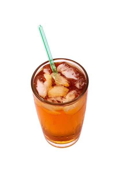 Glass of fresh juice with ice and straws isolated on white background