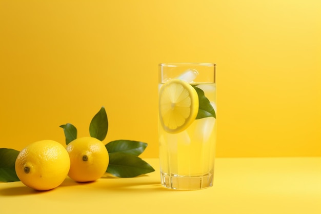 Glass of fresh lemonade on yellow background