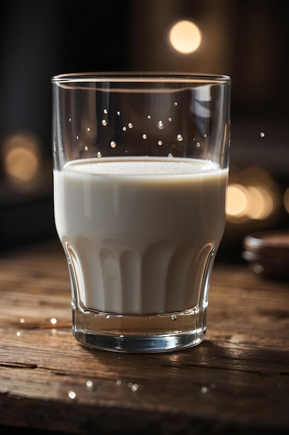 Foto un bicchiere di latte fresco in una tazza di vetro posta su un tavolo di legno