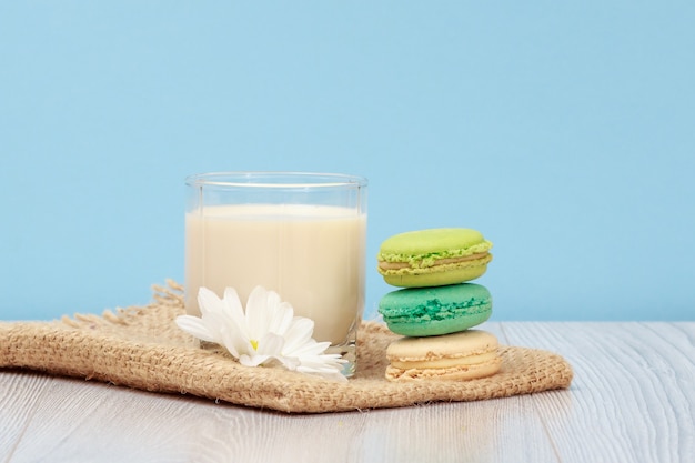 Glass of fresh milk with chamomile flower and macaroons on blue background.