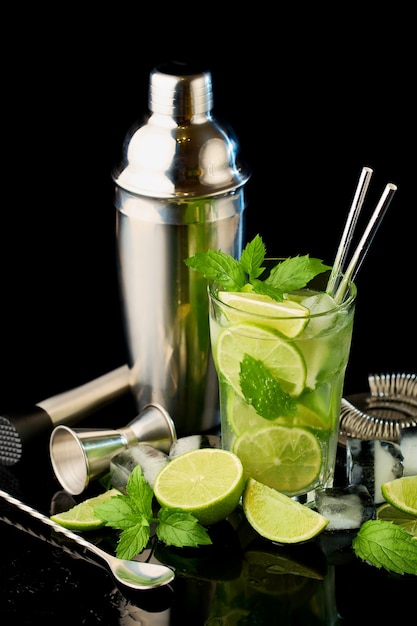 Glass of fresh mojito cocktail  studio shot on black background