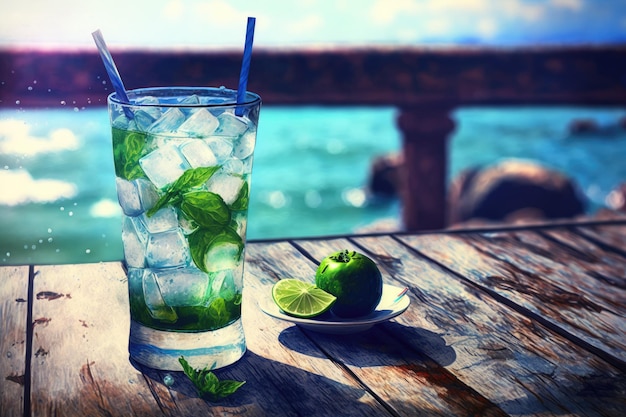 A glass of fresh mojito sits on a blue rustic table beside a blue sea