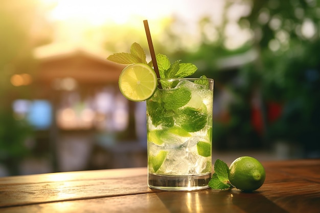 A glass of fresh mojito on a terrace table