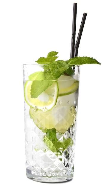 Photo glass of fresh mojito on white wall