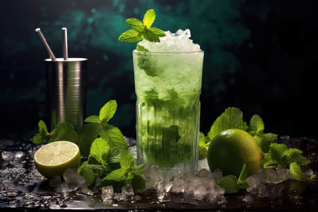 Photo glass of fresh mojito with shaker and jigger