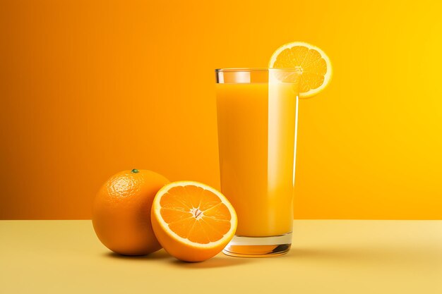 Glass of fresh orange juice and fresh fruits on orange background