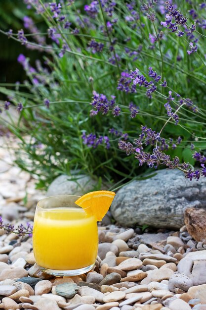 Стакан свежевыжатого апельсинового сока с долькой спелого апельсина в летнем саду