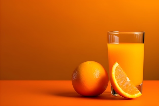 Glass of fresh orange juice and oranges fruit on orange background with copyspace
