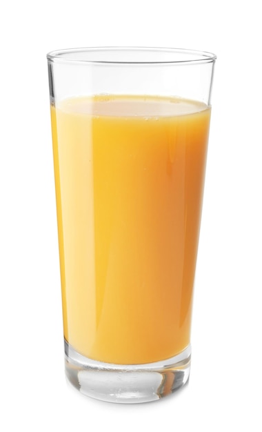 Glass of fresh orange juice on white background