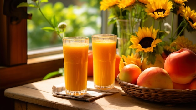 Склянка свежего апельсинового сока с фруктами и подсолнечниками на окне
