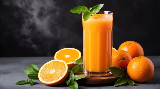 Glass of fresh orange juice with green basil leaves and oranges on dark background