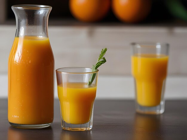 Photo glass of fresh orange juice with a straw and a slice of orange