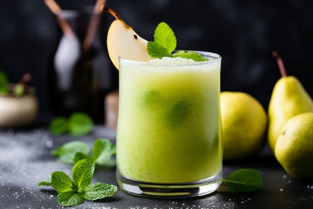 Glass of fresh pear juice with straw and green fruits vertical copy space