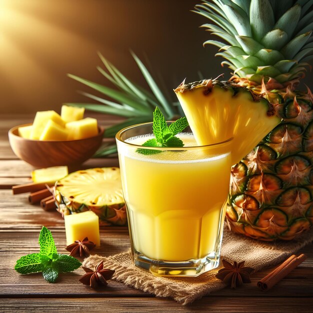 Glass of fresh pineapple juice on wooden table