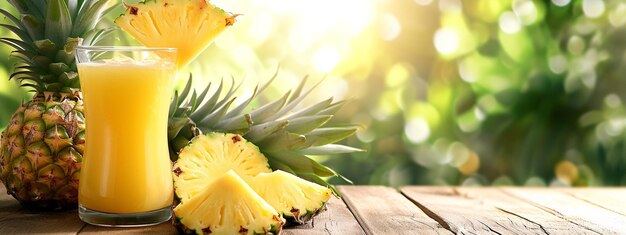 glass of fresh pineapple juice on wooden tableselective focus