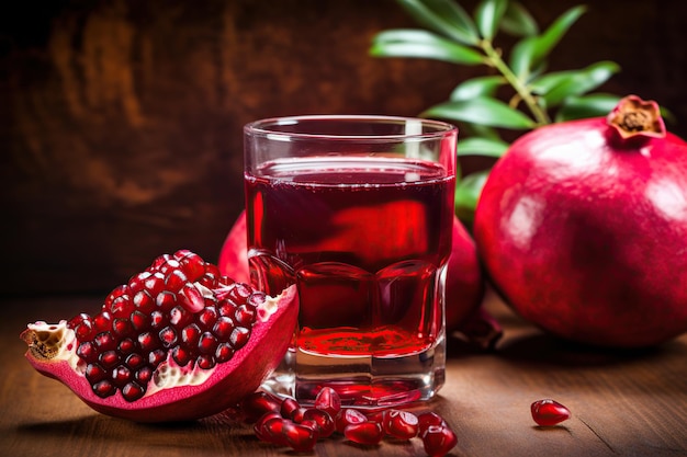 Glass of fresh pomegranate juice with green leafs on brown wooden table