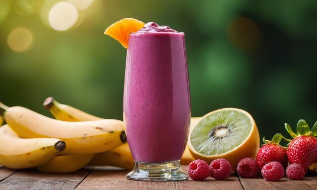 glass of fresh smoothie with fruits