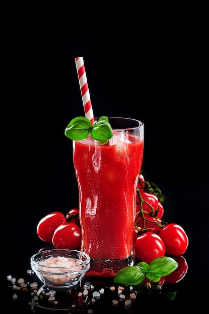 Glass of fresh tomato juice, basil and tomatoes on black background. With copy space.