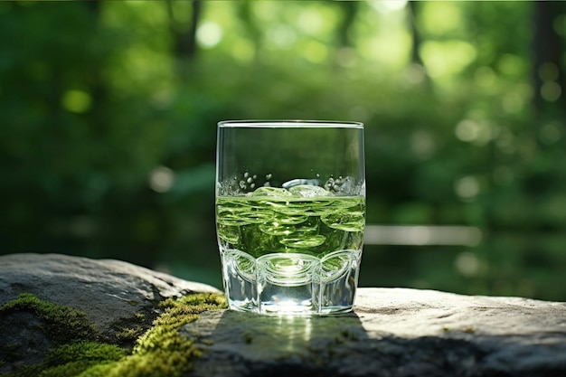 Glass of fresh water with ice cubes on stone in green summer forest