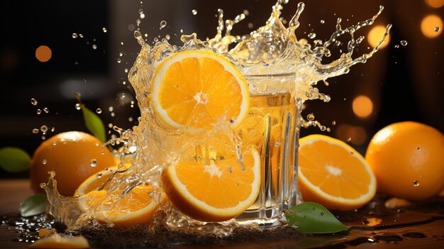 glass of fresh water with ice and lemon on dark background