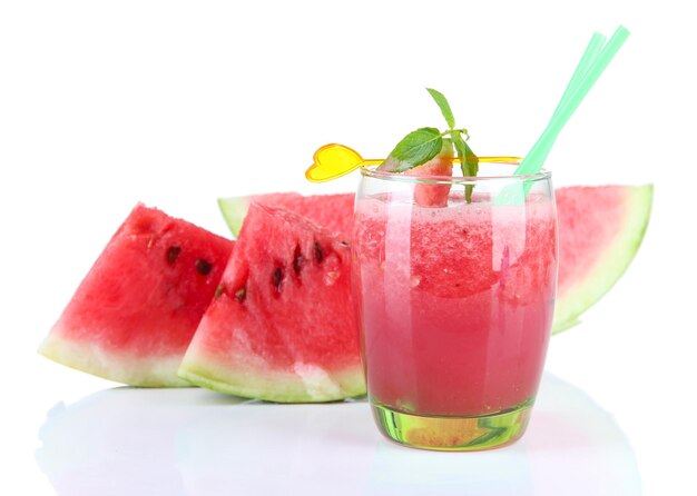 Glass of fresh watermelon juice isolated on white