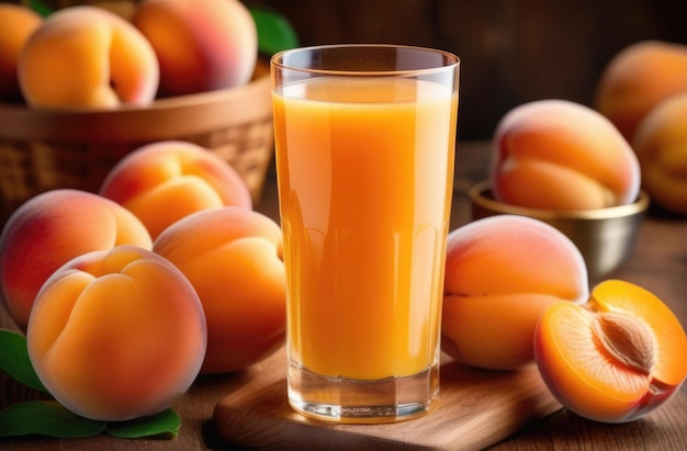 a glass of freshly squeezed apricot juice on a wooden table fruit drink ripe apricots healthy food and organic farming